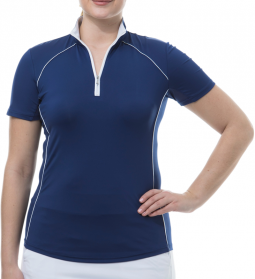 SanSoleil Ladies SunGlow Short Sleeve Zip Mock Golf Shirts - Navy