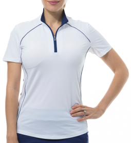 SanSoleil Ladies SunGlow Short Sleeve Zip Mock Golf Shirts - White