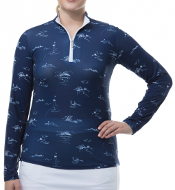 SanSoleil Ladies SolCool Print Long Sleeve Zip Mock Golf Shirts - Back 9 Navy