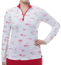 SanSoleil Ladies SolCool Print Long Sleeve Zip Mock Golf Shirts - Back 9 Red