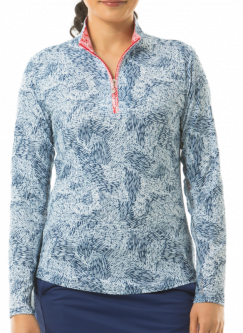 SanSoleil Ladies SolCool Print Long Sleeve Zip Mock Golf Shirts - Gabby Navy