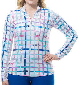 SanSoleil Ladies SolCool Print Long Sleeve Zip Mock Golf Shirts - Grossgrain Multi