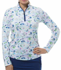 SanSoleil Ladies SolCool Print Long Sleeve Zip Mock Golf Shirts - On the Road Again