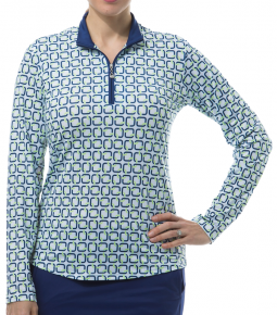 SanSoleil Ladies SolCool Print Long Sleeve Zip Mock Golf Shirts - Quad Navy