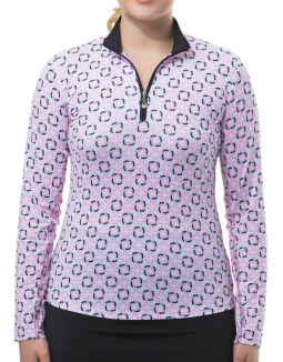 SanSoleil Ladies SolCool Print Long Sleeve Zip Mock Golf Shirts - Quad Pink