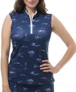 SanSoleil Ladies & Plus Size SolCool Sleeveless Zip Mock Golf Shirts - Back 9 Navy