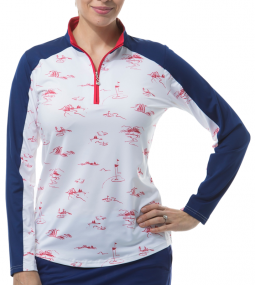 SanSoleil Ladies SolCool Print Trim Long Sleeve Zip Mock Golf Shirts - Back 9 Red