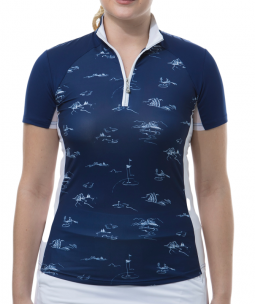 SanSoleil Ladies SolCool Short Sleeve Zip Mock Golf Shirts - Back 9 Navy