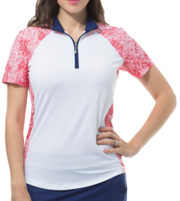 SanSoleil Ladies SolCool Short Sleeve Zip Mock Golf Shirts - Gabby Red/White