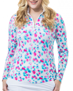 SanSoleil Ladies SolTek ICE Long Sleeve Print Zip Mock Golf Shirts - Bubbly Pink