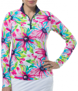 SanSoleil Ladies & Plus Size SolTek ICE Long Sleeve Print Zip Mock Golf Shirts - Dilli Dahlia