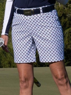 JoFit Ladies 7 1/2 inch Inseam Belted Golf Shorts - Reposado (Circle Dash Print)