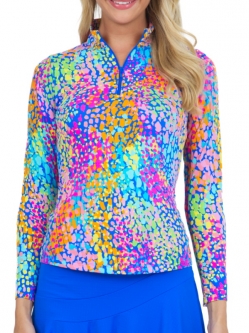Ibkul Ladies Camille Print Long Sleeve Mock Neck Golf Sun Shirts - Blue Multi