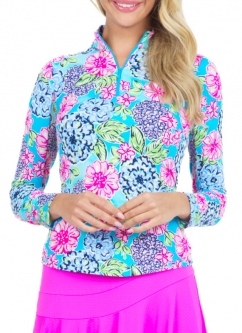 Ibkul Ladies & Plus Size Larisa Print Long Sleeve Mock Neck Golf Sun Shirts - Turq Multi