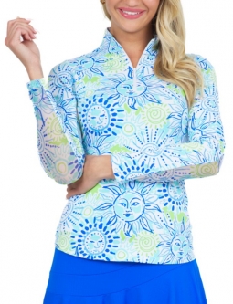 Ibkul Ladies Sunny Day Print Long Sleeve Mock Neck Golf Sun Shirts - Seafoam/Lime