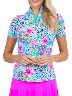 SPECIAL Ibkul Ladies Larisa Print Short Sleeve Mock Neck Golf Shirts - Turq Multi