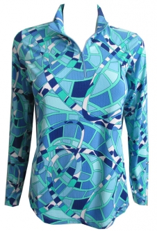 Gottex Lifestyle Ladies Portofino Long Sleeve Zip Mock Golf Sun Shirts - Portofino Blue