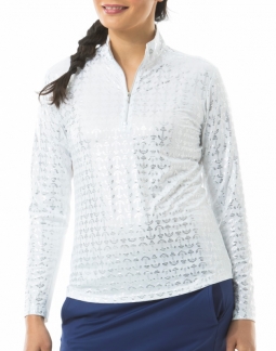 SanSoleil Ladies SolShine Foil Print Long Sleeve Zip Mock Golf Shirts - Anchors Away White Silver
