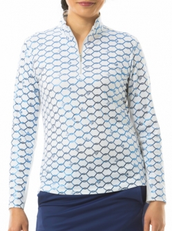 SanSoleil Ladies SolShine Foil Print Long Sleeve Zip Mock Golf Shirts - Knotty White Blue
