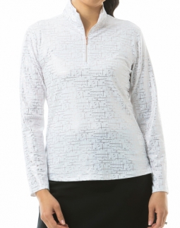 SanSoleil Ladies SolShine Foil Print Long Sleeve Zip Mock Golf Sun Shirts - Stix White Rose