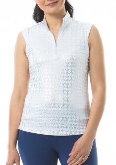SanSoleil Ladies SolShine Foil Print Sleeveless Zip Mock Golf Shirts - Anchors Away White Silver