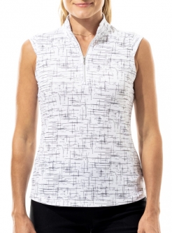 SanSoleil Ladies SolShine Sleeveless Print Zip Mock Golf Shirts - Scratch White Black