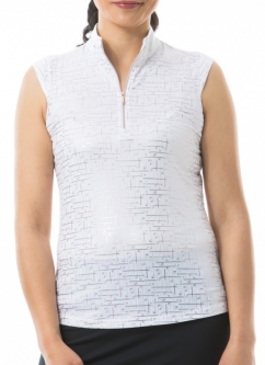SanSoleil Ladies SolShine Foil Print Sleeveless Zip Mock Golf Shirts - Stix White Rose
