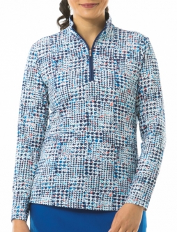 SanSoleil Ladies SolShine Long Sleeve Zip Mock Golf Shirts - Tweedy Blue