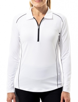 SanSoleil Ladies SunGlow Long Sleeve Zip Mock Golf Shirts - White/Black