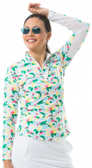 SPECIAL SanSoleil Ladies SolCool Print Long Sleeve Zip Mock Golf Sun Shirts - Lemon Drop