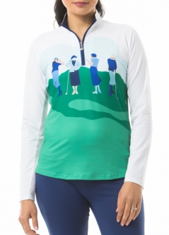 SanSoleil Ladies SolCool Print Long Sleeve Zip Mock Golf Shirts - On the Green