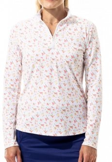 SanSoleil Ladies SolTek LUX Long Sleeve Print Zip Mock Golf Shirts - Cracked Ice Coral