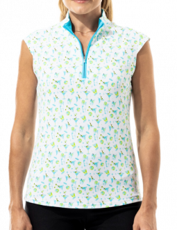 SPECIAL SanSoleil Ladies SolTek LUX Sleeveless Zip Mock Golf Shirts - Cracked Ice Turquoise