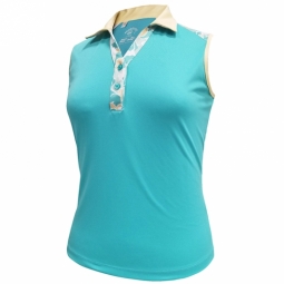 Monterey Club Ladies & Plus Size V-Neck Sleeveless Golf Polo Shirts - Turquoise/Butter