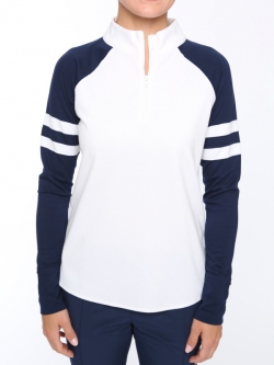 Belyn Key Ladies Ponte Sport Long Sleeve Mock Golf Pullovers - ESSENTIALS (Chalk/Ink)