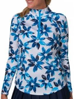 JoFit Ladies & Plus Size Long Sleeve Printed UV Mock Golf Shirts - Blue Agave (Blue Water Floral)