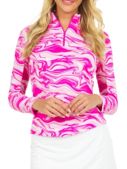 Ibkul Ladies Devin Print Long Sleeve Mock Neck Golf Sun Shirts - Hot Pink