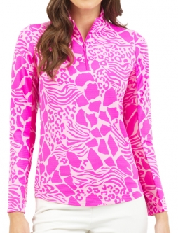 Ibkul Ladies Bianca Print Long Sleeve Mock Neck Golf Sun Shirts - Hot Pink / Candy Pink