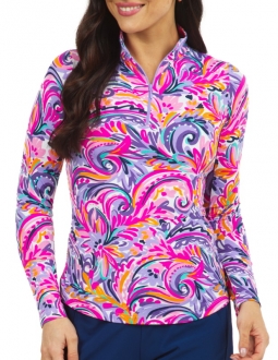 Ibkul Ladies Aubrey Print Long Sleeve Mock Neck Golf Sun Shirts - Plum/Multi
