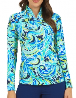 Ibkul Ladies Aubrey Print Long Sleeve Mock Neck Golf Sun Shirts - Turquoise/Multi