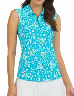 Ibkul Ladies Mosaic & Wine Print Sleeveless Zip Golf Shirts - Seafoam/Lime