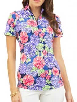 Ibkul Ladies Larisa Print Short Sleeve Mock Neck Golf Shirts - Navy Multi