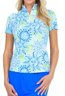 SPECIAL Ibkul Ladies Sunny Day Print Short Sleeve Mock Neck Golf Shirts - Seafoam/Lime