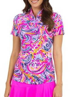 Ibkul Ladies Aubrey Print Short Sleeve Mock Neck Golf Shirts - Plum/Multi