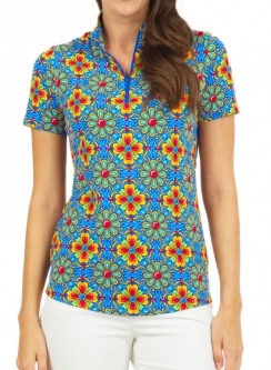 Ibkul Ladies Scarlet Print Short Sleeve Mock Neck Golf Shirts - Blue Multi
