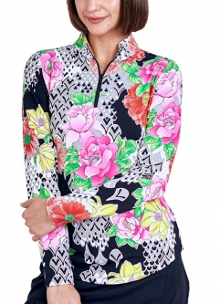 Gottex Lifestyle Ladies Deco Daisy Print Long Sleeve Zip Mock Golf Sun Shirts - Black Multi