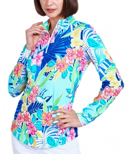 Gottex Lifestyle Ladies Palm Island Print Long Sleeve Zip Mock Golf Sun Shirts - Blue Multi