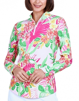 Gottex Lifestyle Ladies Palm Island Print Long Sleeve Zip Mock Golf Sun Shirts - Pink Multi