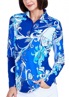Gottex Lifestyle Ladies Fiona Print Long Sleeve Zip Mock Golf Sun Shirts - Blue Tonal