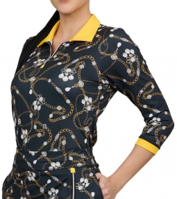 Sofibella Ladies ¾ Sleeve Zip Golf Polo Shirts - GOLD JEWEL (Saphire Black)